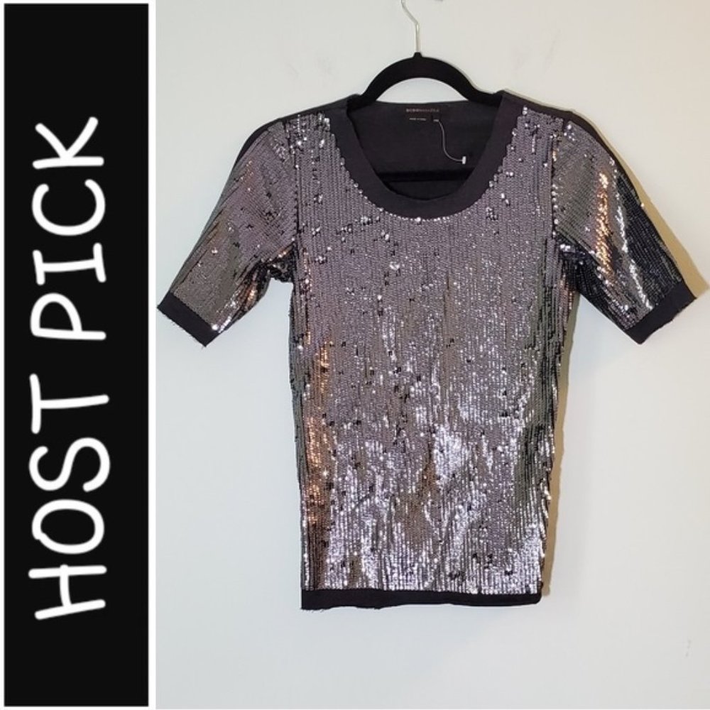 ❤️‍ BCBGMAXAZRIA Vintage Y2K Silver Sequin Short Sleeve Disco Party Top - XXS